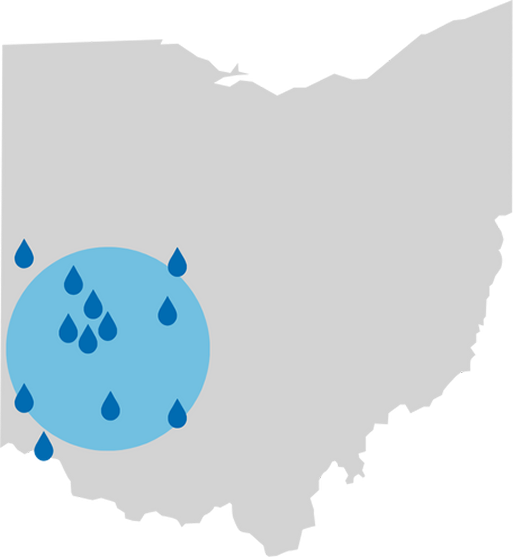 Outline of Ohio with blue circle and raindrops